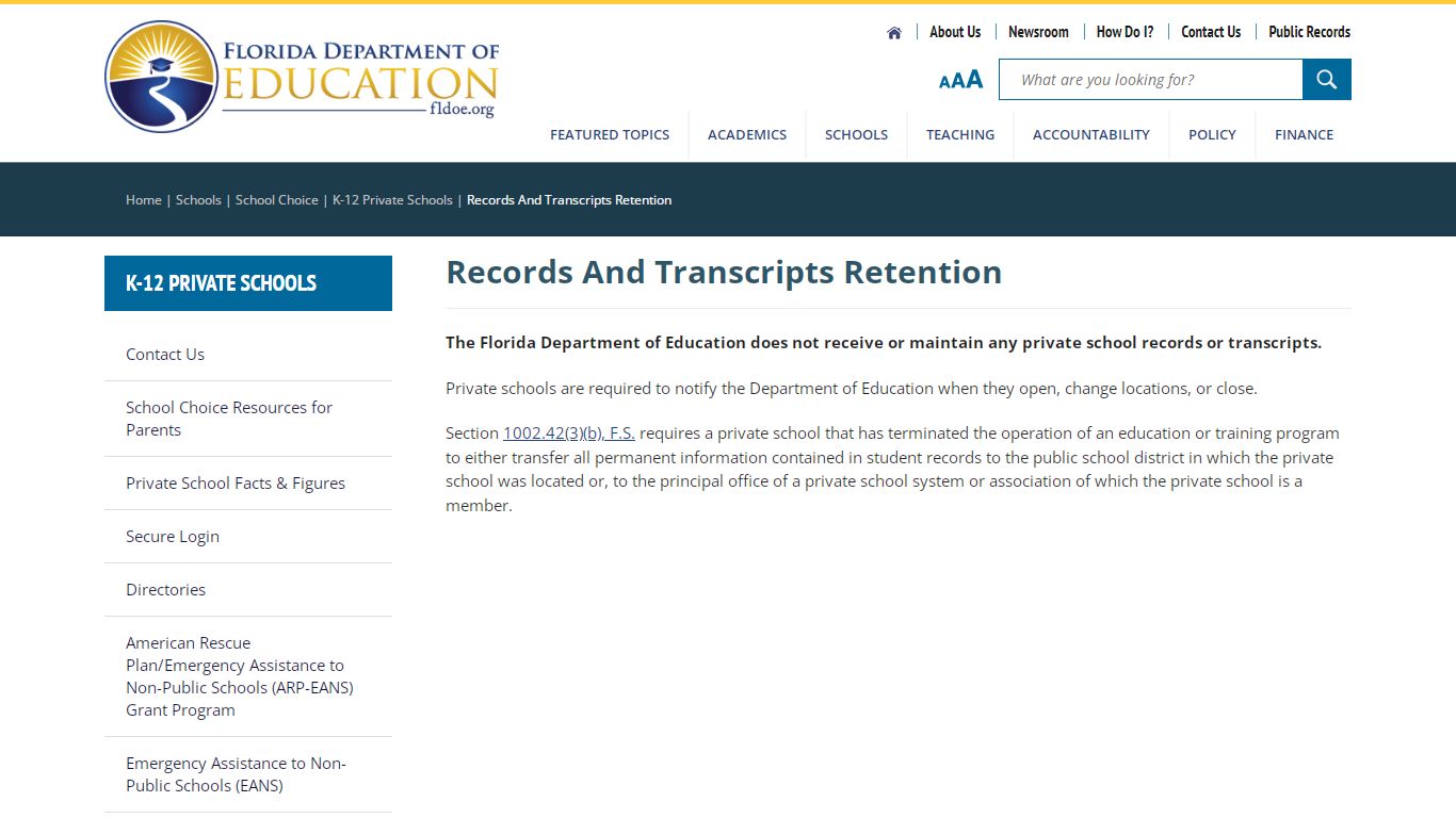 Records And Transcripts Retention - Florida Department of Education